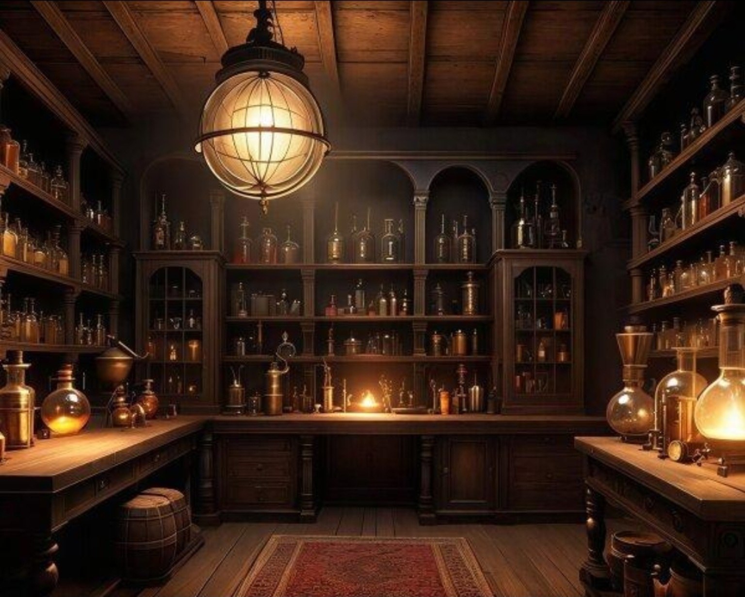 An atmospheric alchemist's laboratory filled with copper distillation equipment, glass bottles and herbs