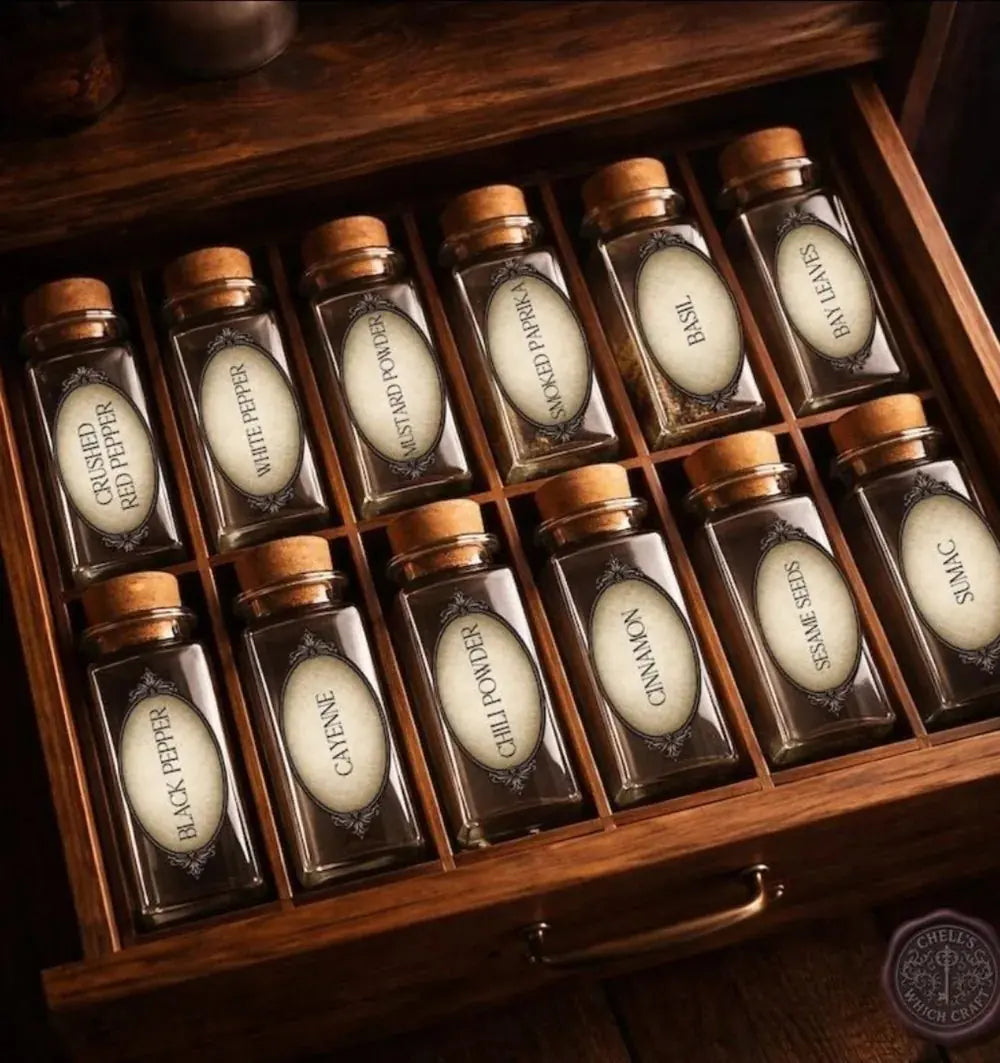 An apothecary drawer of neatly arranged herbs and spices in glass jars